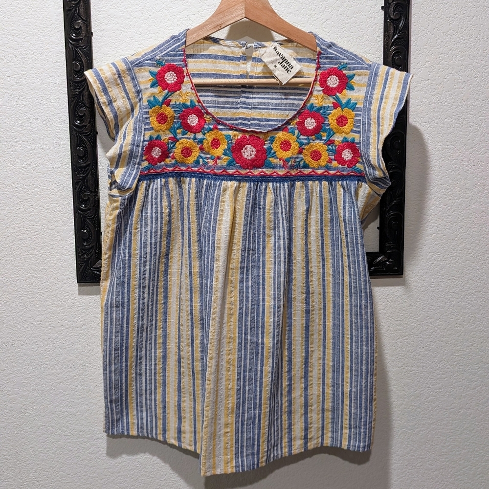 FREE SHIPPING | Size M | Linen Embroidered Floral & Stripes | Like New
